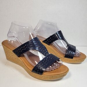 Italian Shoemakers Dressy Navy Blue Wedge Sandals Size 9.5 Business Casual-Flaws